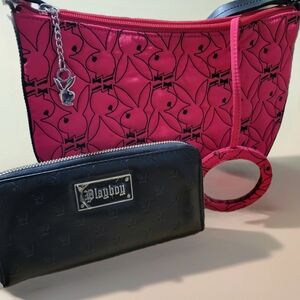 PLAYBOY RED AND BLACK QUILTED PURSE WITH MATCHING MIRROR AMD WALLET. 3 PIECE.
